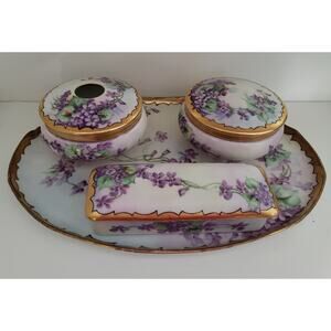 Antique Vanity Set w/ Painted Violets & Painted Gold Trim, All signed by Sutton